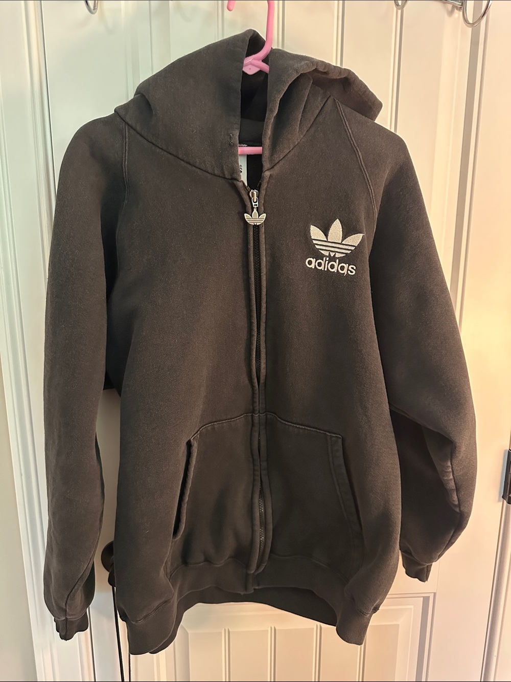 adidas vintage Black Hooded Zip Sweatshirt with White Trefoil XL